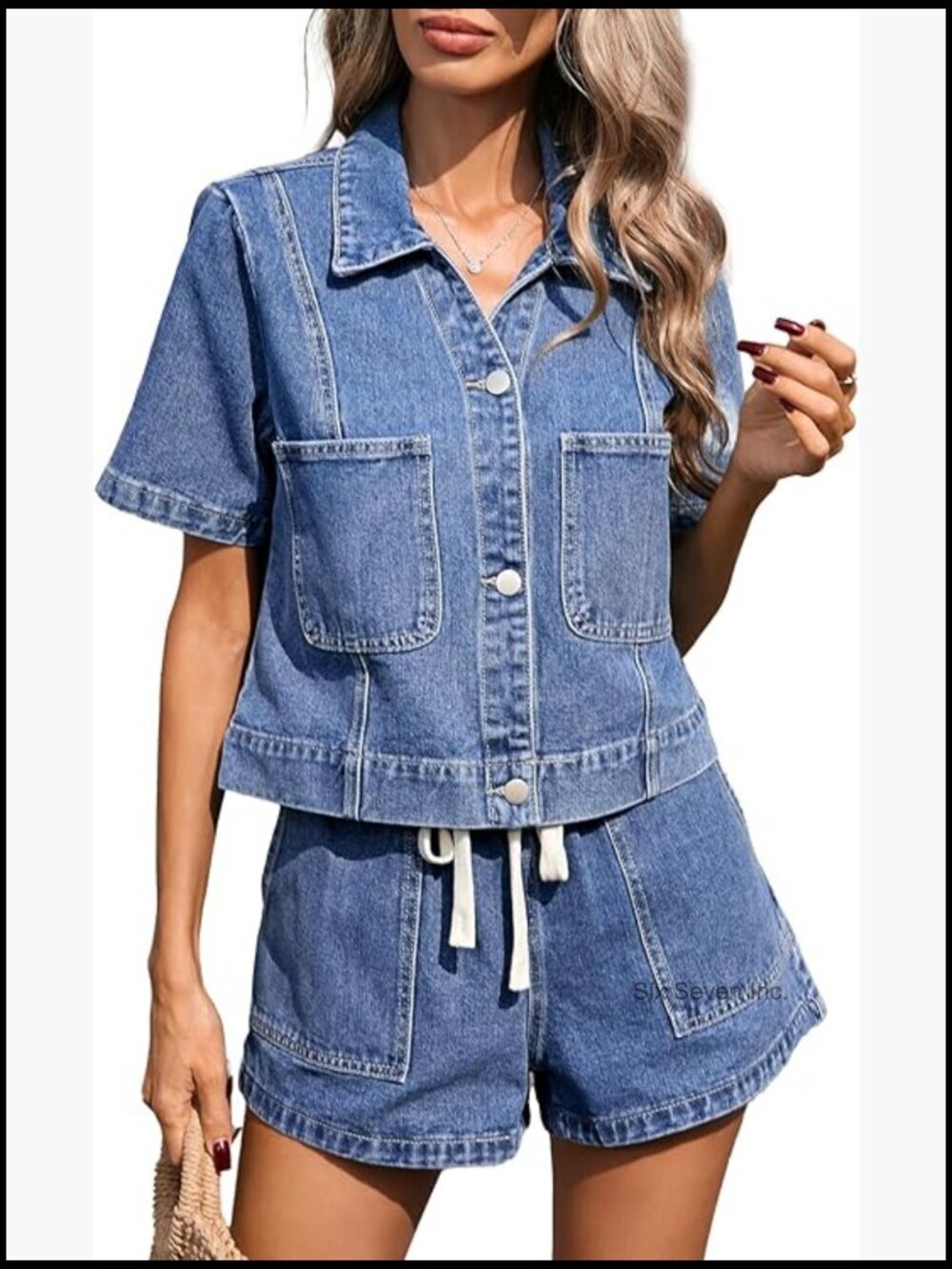 Denim Two Piece Outfit - Cropped Button Front Shirt & Drawstring Jean Shorts